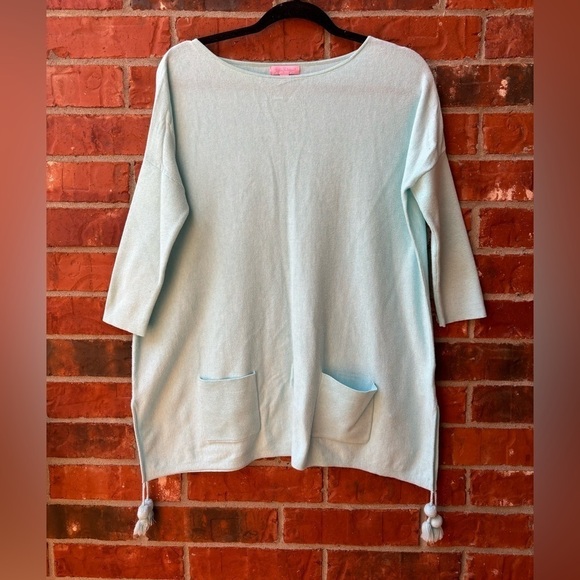 Lilly Pulitzer Womens XS Mint Blue Elba Tunic Boxy Sweater Tassles Pockets - Picture 2 of 10